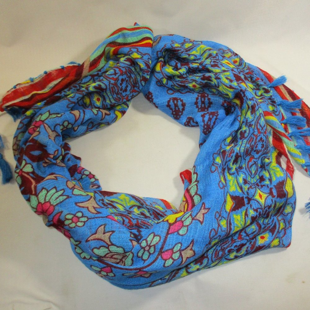 Betsey Johnson Blue Floral Tassel Scarf One Size